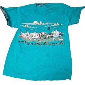 VTG 90s Myrtle Beach South Carolina Vacation T-Shirt Aqua Shells Size Large